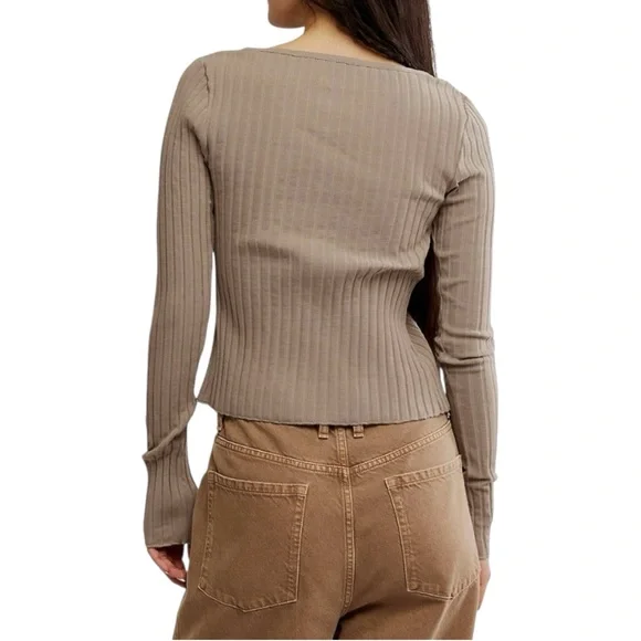 Free People Tilley Fallen Rock Tan Ribbed Button Down Cardigan Size Large NWT - Picture 3 of 12